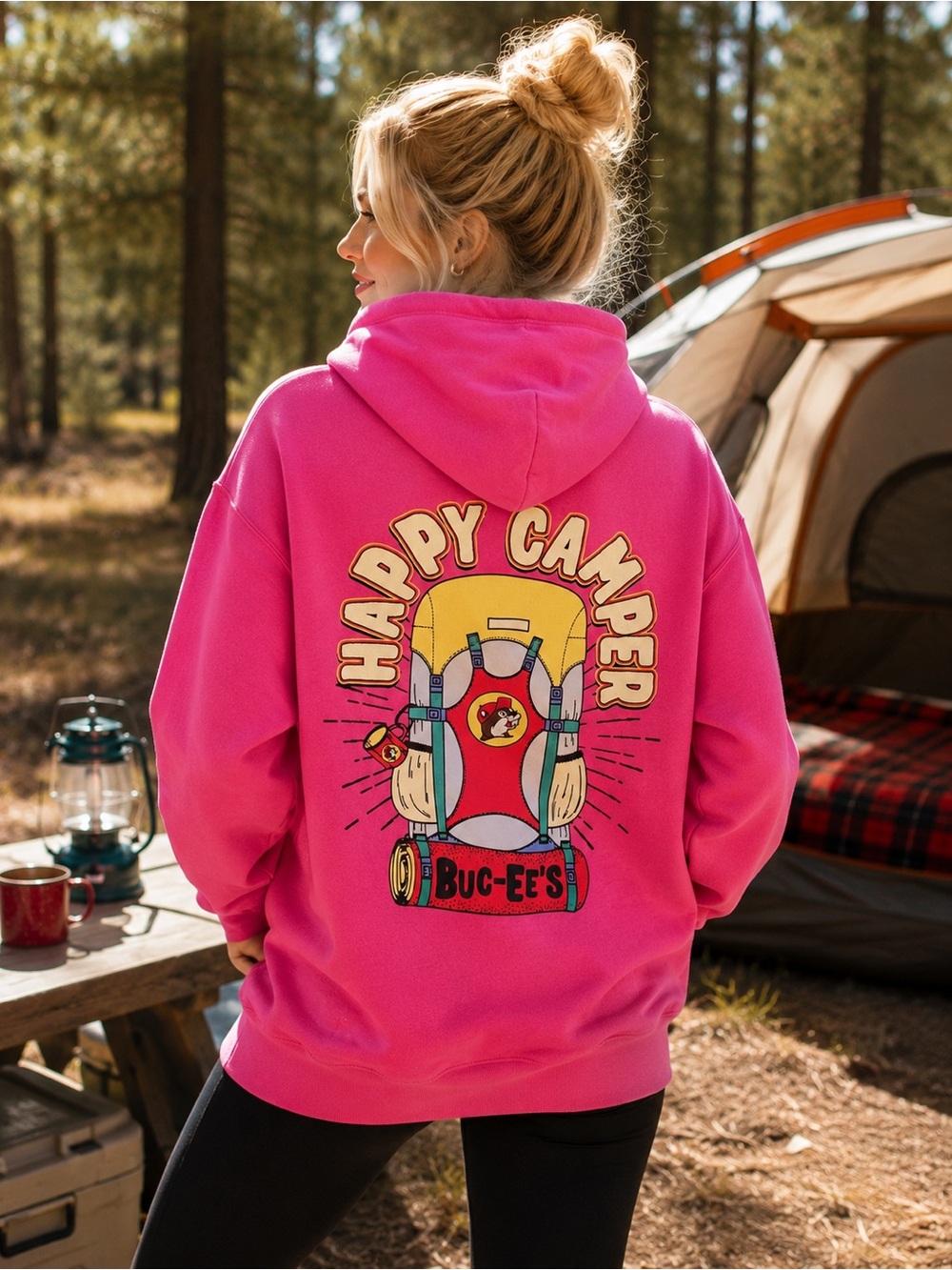 Bucee’s Happy Camper Pink Graphic Hoodie Pullover L Camping Outdoors Gorpcore TX